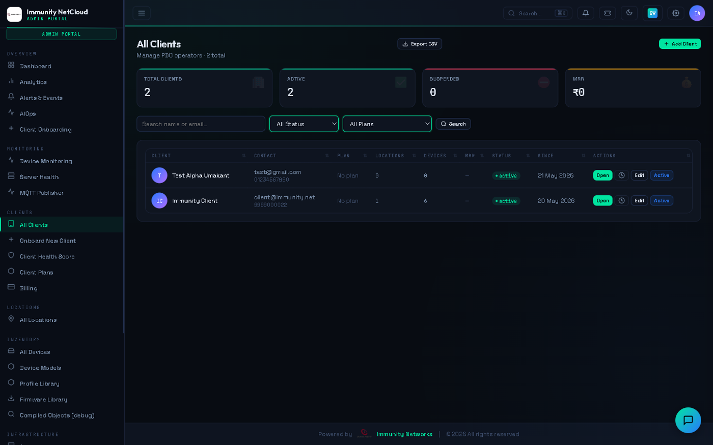 Immunity Net Cloud — Fleet health telemetry